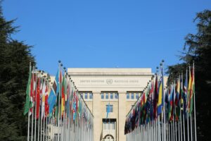 Exterior of the United Nations building with global flags surrounding on both sides.